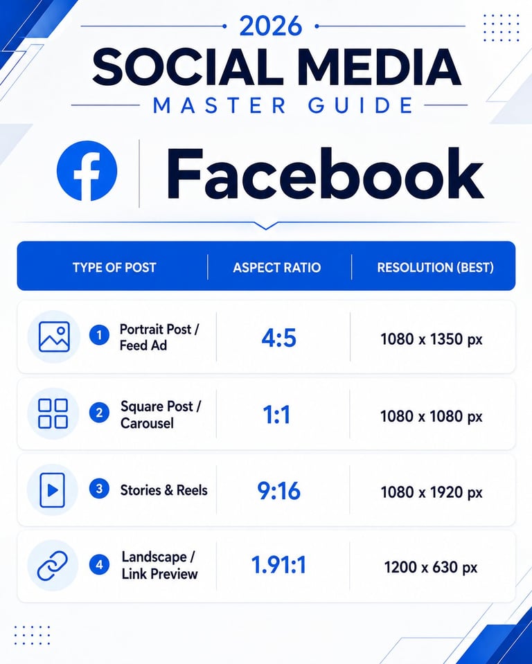 2026 Social Media Master Guide showing Facebook post types with aspect ratios and recommended resolutions for Portrait, Square, Stories/Reels, and Landscape formats