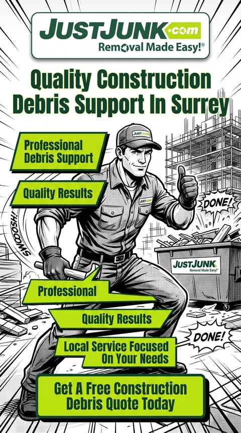 JustJunk.com construction debris removal advertisement featuring a professional worker giving thumbs up with quality service promises and free quote offer