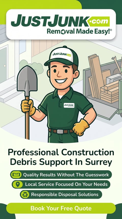 JustJunk.com logo with cartoon worker holding shovel, advertising professional construction debris removal services in Surrey