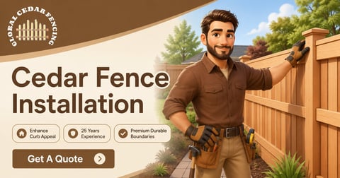 Professional fence installer in brown uniform installing cedar fence with company logo and service details displayed
