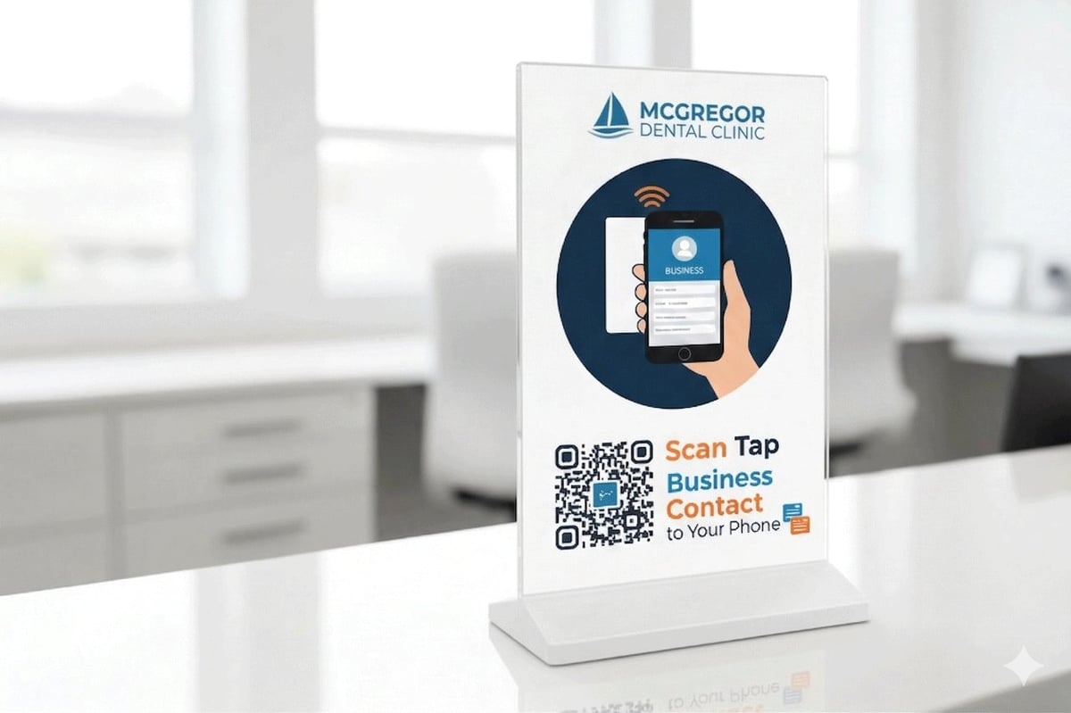 McGregor Dental Clinic table tent with QR code for Scan Tap Business Contact on smartphone display