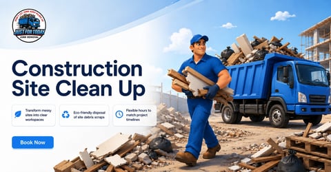 Construction site cleanup service showing worker in blue uniform loading debris into blue truck with benefits icons