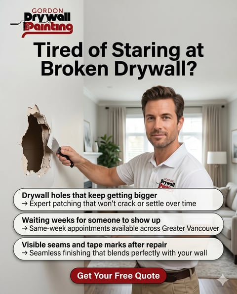 Man pointing to large hole in drywall wall. Gordon Drywall Painting promotional ad offering free quotes for drywall repair services