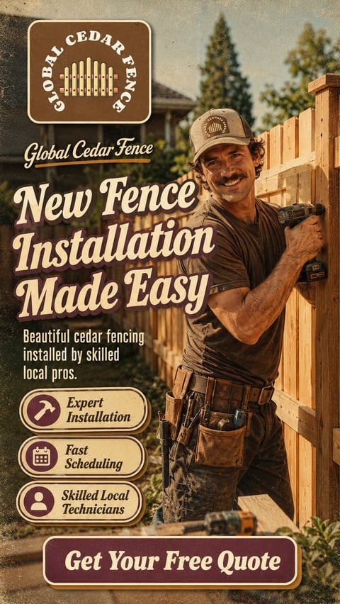 Contractor installing cedar fence with Global Cedar Fence logo and text promoting easy fence installation and free quotes