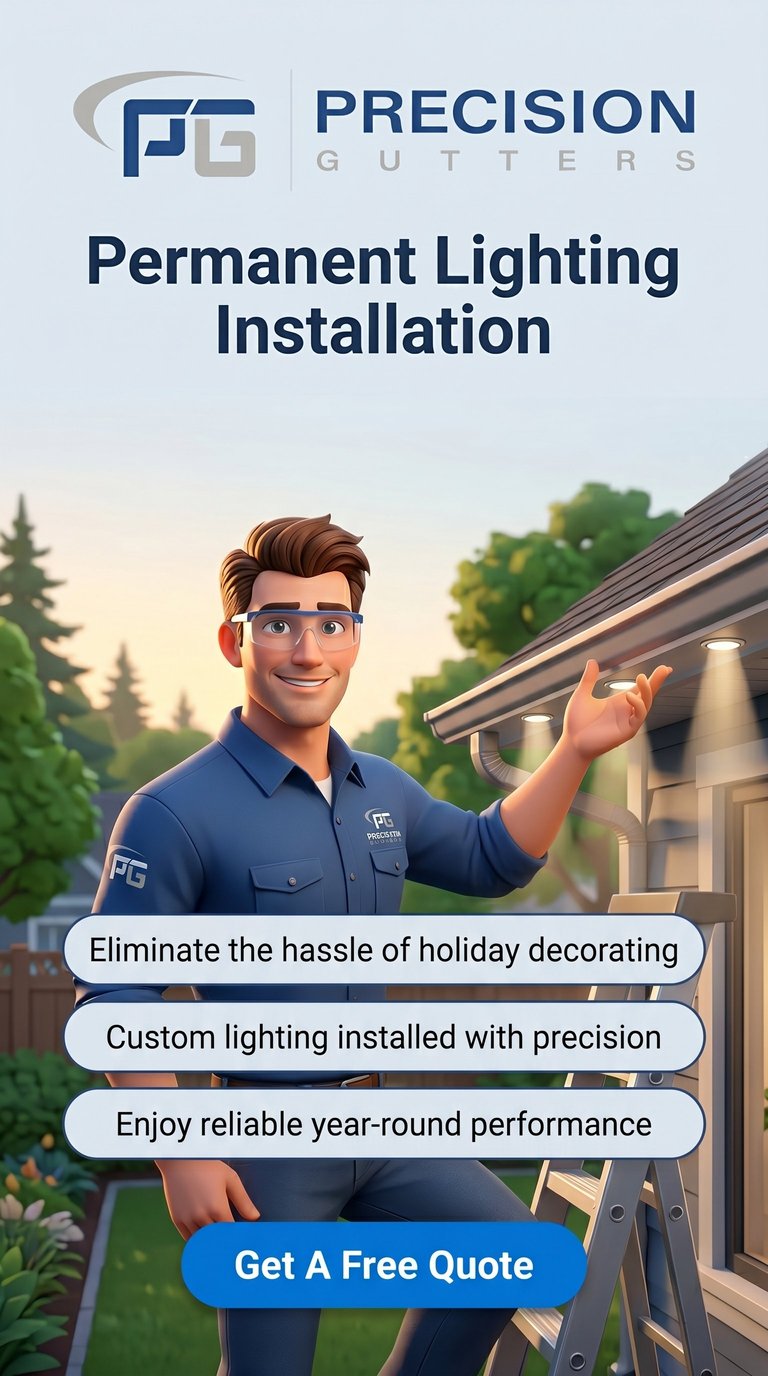 Precision Gutters technician on ladder advertising permanent outdoor lighting installation with free quote offer
