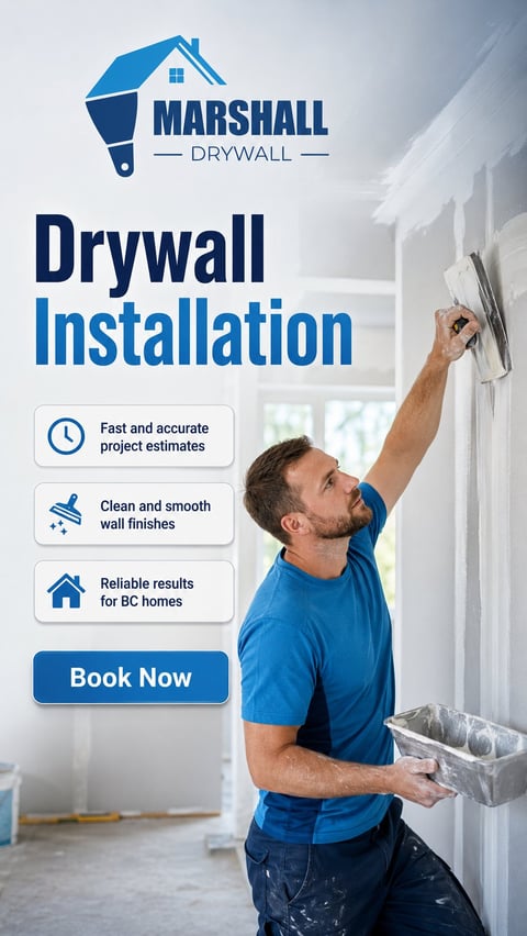 Man in blue shirt installing drywall with Marshall Drywall logo and service benefits listed