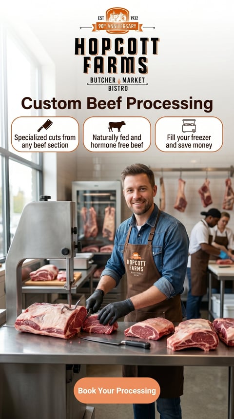 Hopcott Farms butcher displaying custom beef processing services with fresh meat cuts on counter and frozen meat visible in background