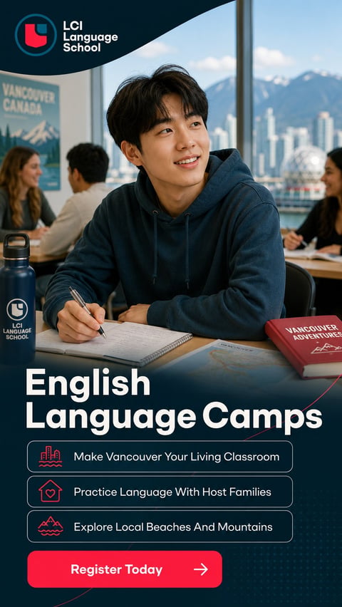 Young student writing at desk in classroom with Vancouver skyline view and LCI Language School logo visible