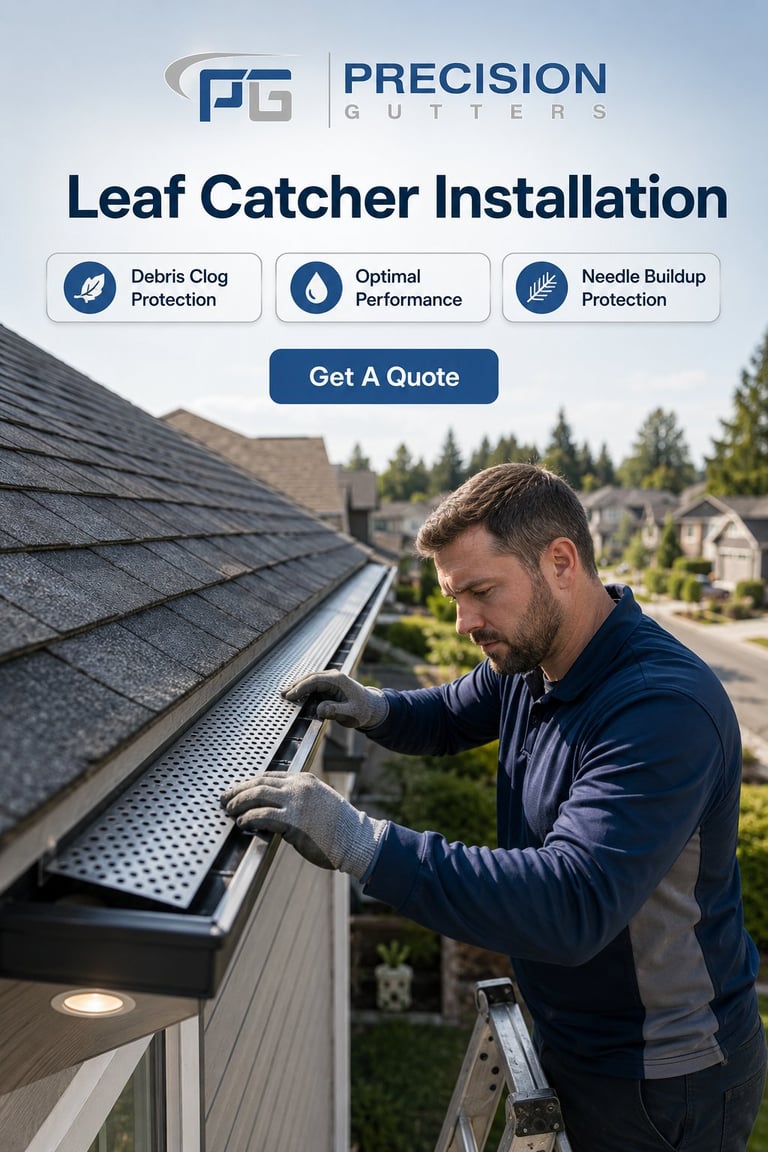 Precision Gutters leaf catcher installation showing a worker installing gutter protections on a residential roof