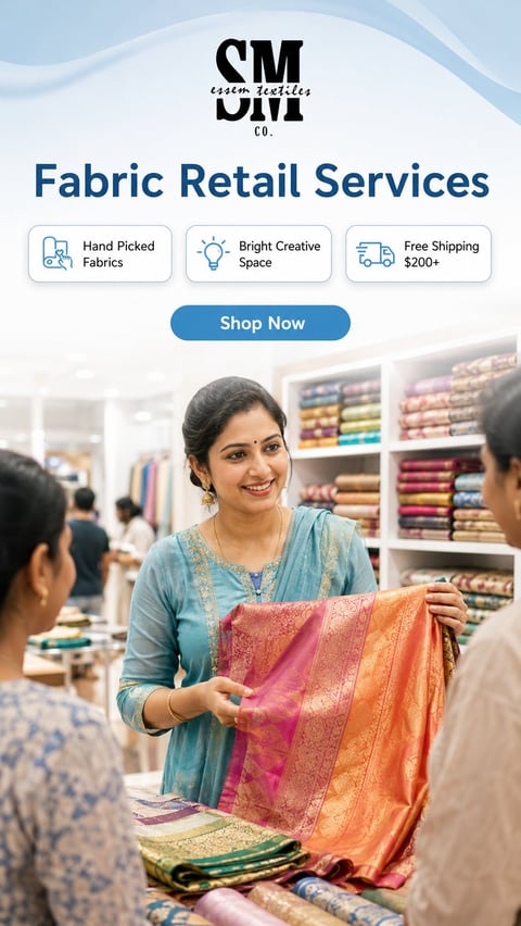 SM Essentials fabric retail store marketing image showing woman displaying colorful fabric with Shop Now button and service features