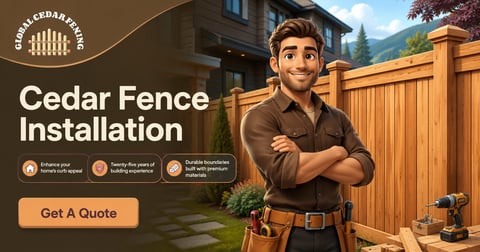 Professional contractor standing confidently in front of wooden cedar fence with mountains in background and Get A Quote button