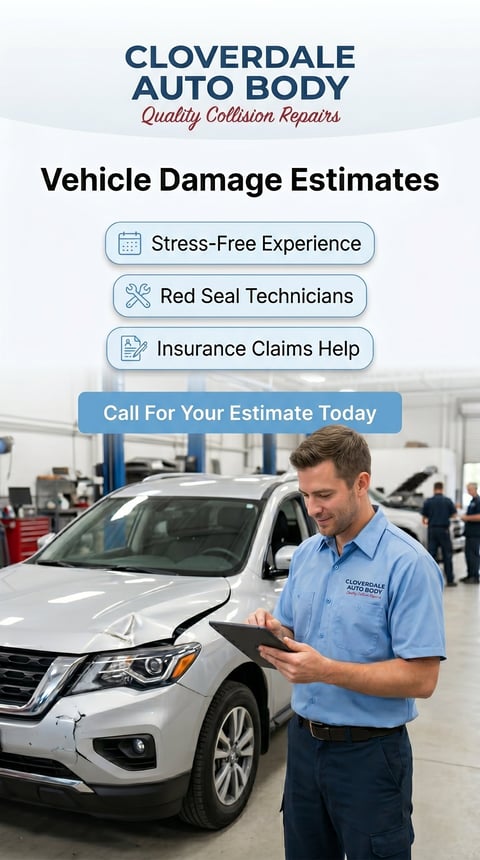 Cloverdale Auto Body technician assessing vehicle damage with tablet in repair shop bay