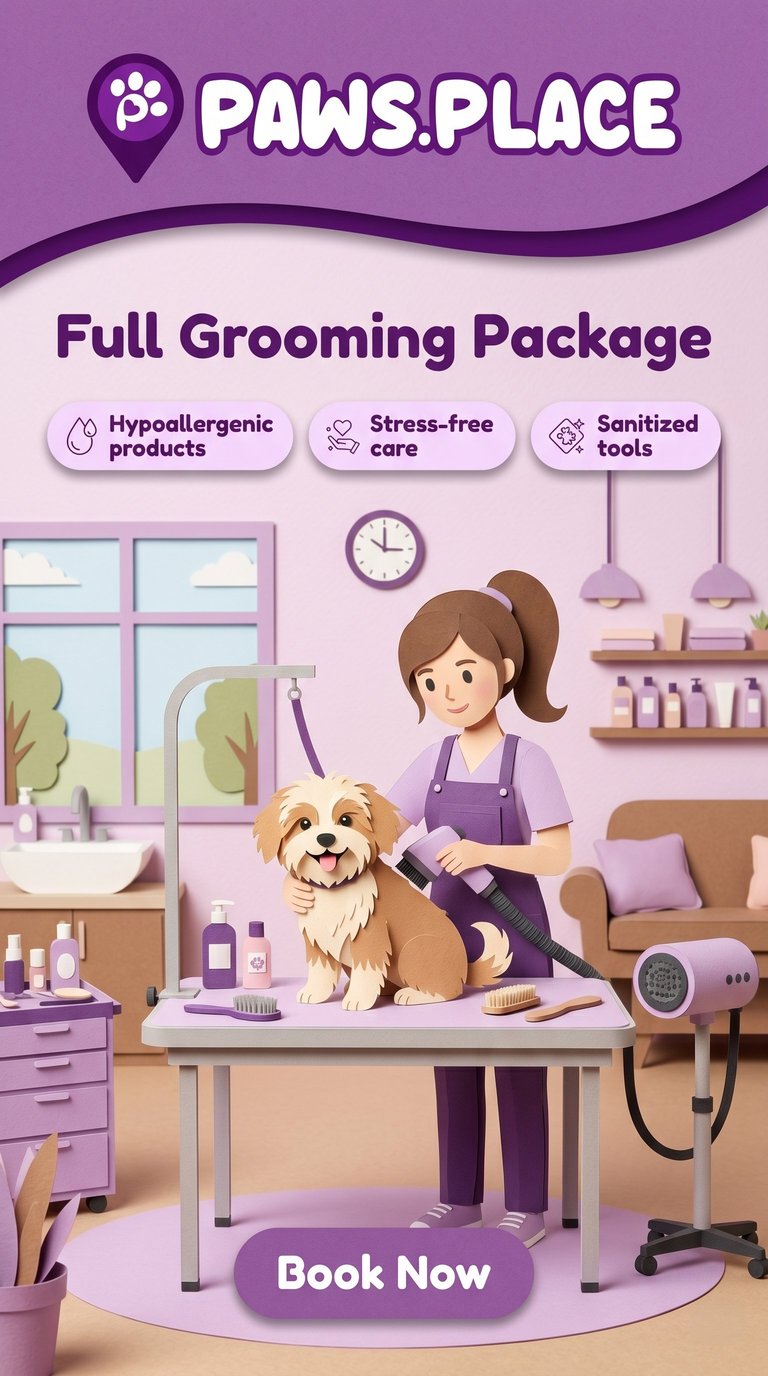 Paws Place full grooming package advertisement showing a groomer with a dog in a purple salon interior with hypoallergenic products and sanitized tools