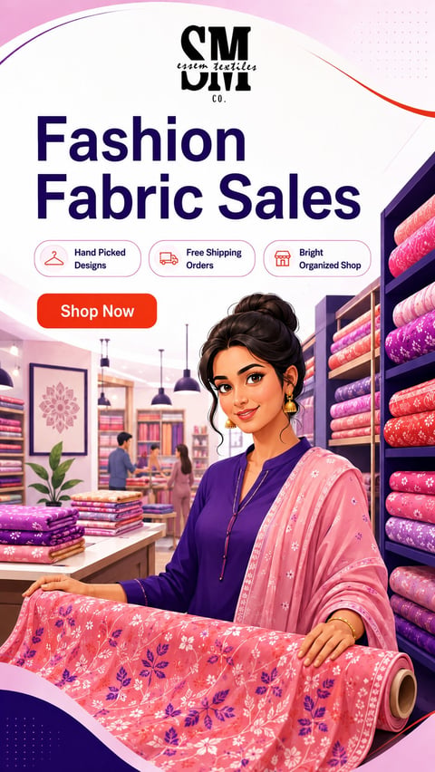SM Fashion Fabric Sales promotional poster featuring a woman displaying colorful patterned fabrics in a boutique shop with Shop Now button
