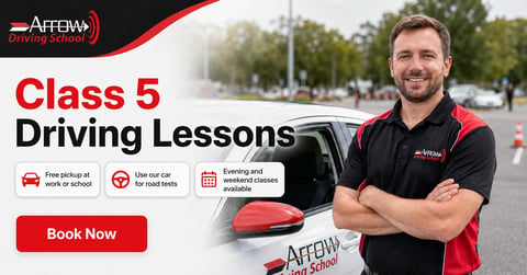 Professional driving instructor in Arrow Driving School uniform standing confidently next to a red and black car, advertising Class 5 Driving Lessons with Book Now button