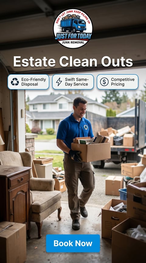 Worker carrying cardboard box during estate cleanout service with junk removal truck visible in garage