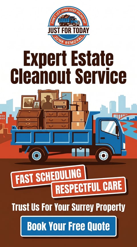 Advertisement for Just For Today estate cleanout service featuring a blue truck loaded with furniture and boxes against a city skyline background