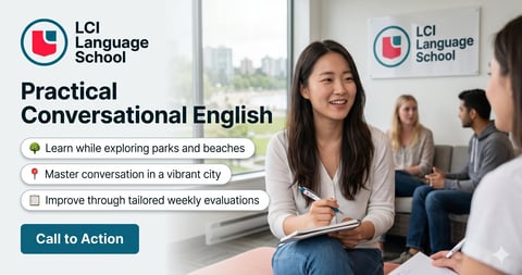 LCI Language School Vancouver language learning advertisement with promotional offers and course information