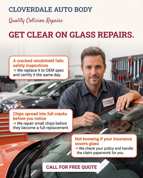 Cloverdale Auto Body technician promoting glass repair services with information about windshield damage, chips, and insurance coverage