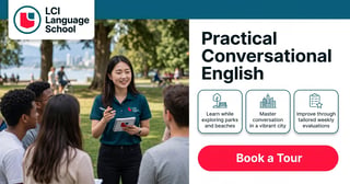 LCI Language School promotional banner showing instructor teaching students outdoors, highlighting Practical Conversational English program with Book a Tour button
