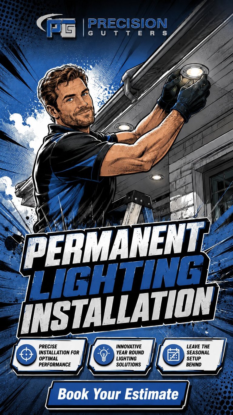 Precision Gutters promotional poster featuring man installing permanent lighting with call-to-action button