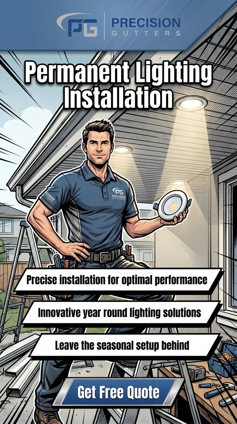 Precision Gutters worker holding downlight demonstrating permanent lighting installation service with call-to-action for free quote